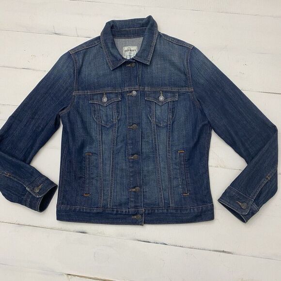 Old Navy Women’s Dark Wash Button Front  Trucker Denim Jacket Size Large - Picture 1 of 12